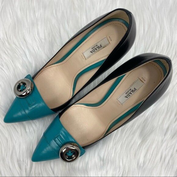 Prada Women's Capretto Turchese Silver Accent Pointed Toe Bicolor Pumps‎ EU 37.5 - Picture 3 of 11